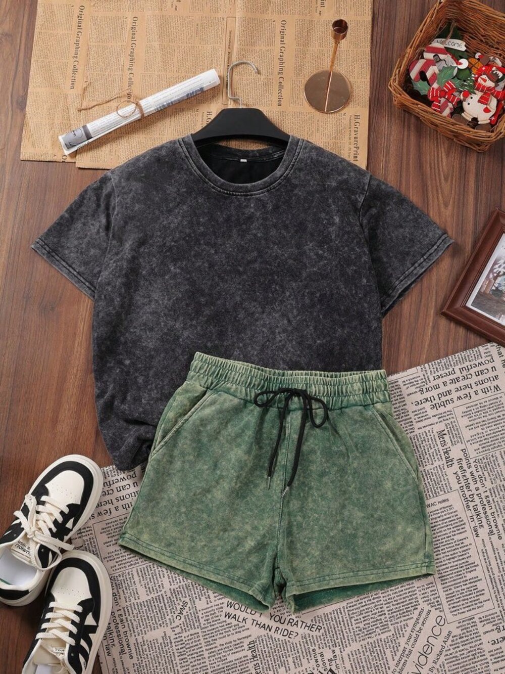 Multicolor Casual Street Women's Y2K Punk Short Sleeve T-Shirt & Shorts Set